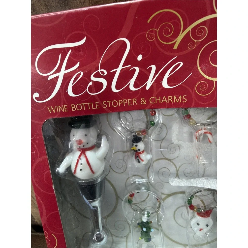 Festive Christmas Snowman Wine Bottle Stopper & 4 Wine Glass Charms Set